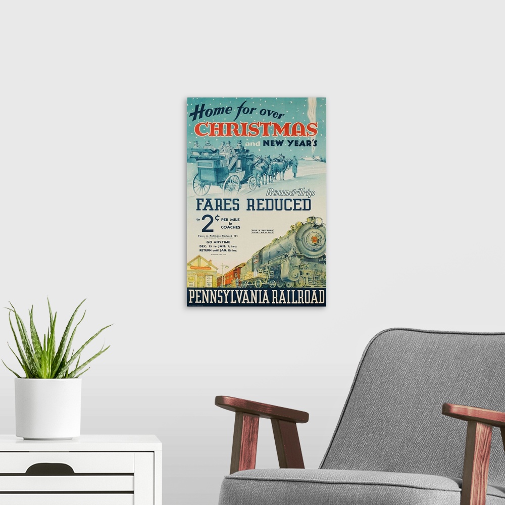A modern room featuring ca 1930s travel poster offering discounted fares for holiday travel.