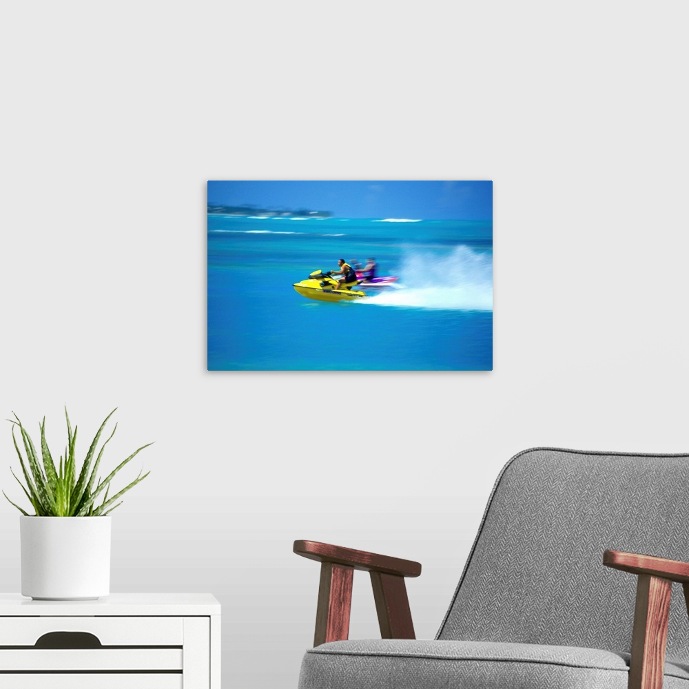 A modern room featuring People on wave runners near Luquillo Beach, Puerto Rico, selective focus