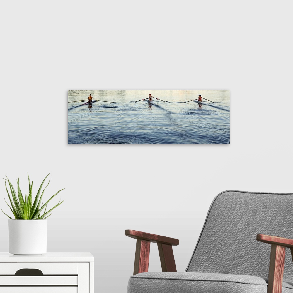 A modern room featuring People rowing sculling boats on river