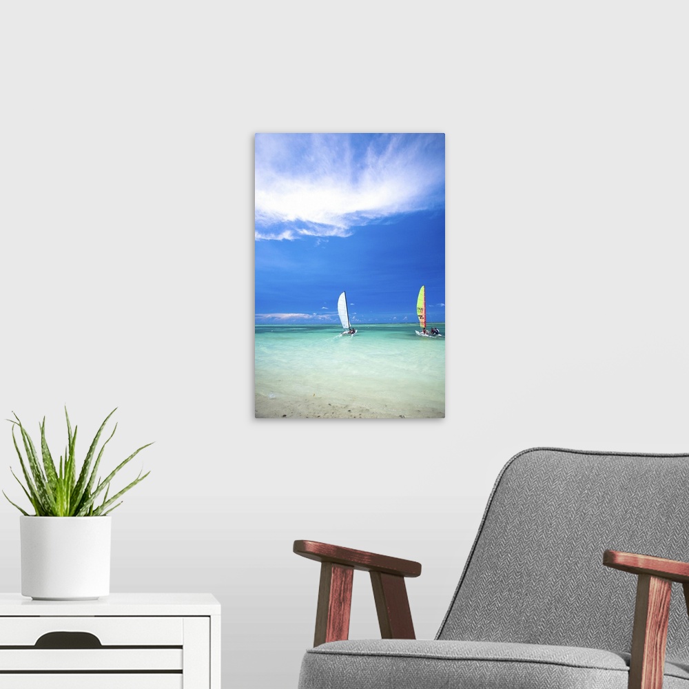 A modern room featuring People sailing sailboats in the ocean