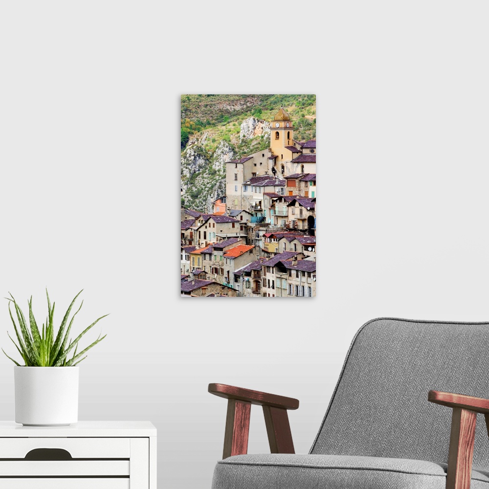 A modern room featuring Perched city located in Nice hinterland.The photo shows the church Saint-Sauveur tower.