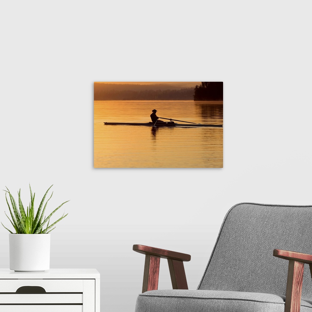 A modern room featuring Person rowing sculling boat on river