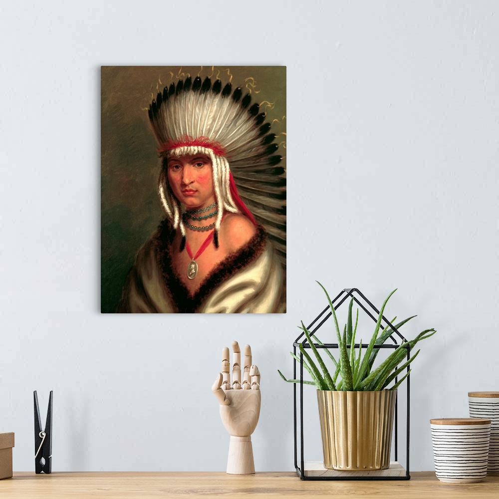 A bohemian room featuring Petalesharo (Generous Chief) a chief of the Pawnee tribe. Painting from circa 1822, oil on panel,...