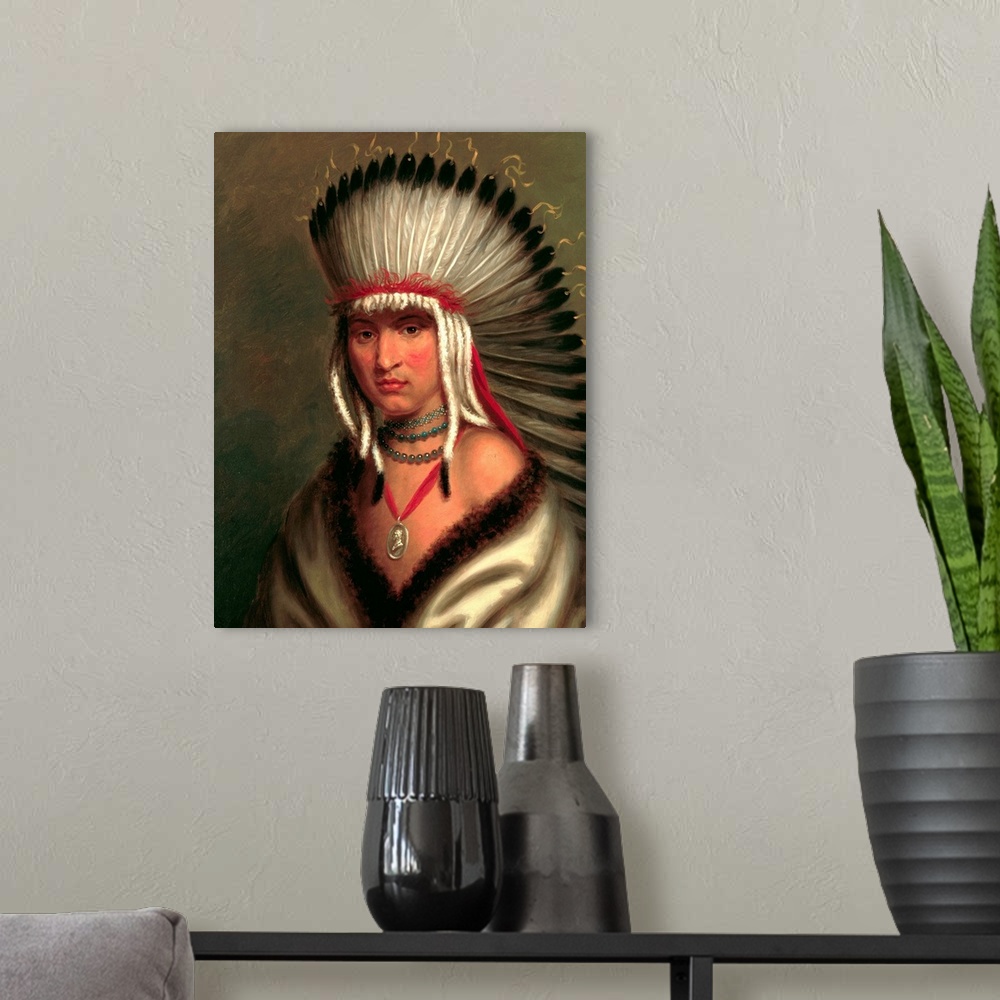 A modern room featuring Petalesharo (Generous Chief) a chief of the Pawnee tribe. Painting from circa 1822, oil on panel,...