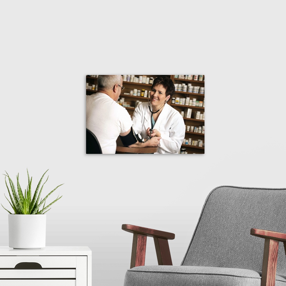 A modern room featuring Pharmacist taking patient s blood pressure