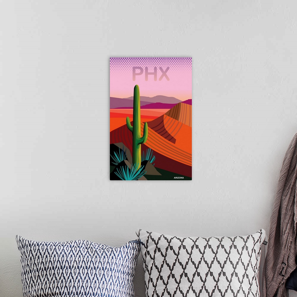 A bohemian room featuring Contemporary poster, simple graphic expression of desert landscape in warm red, pink and purple w...