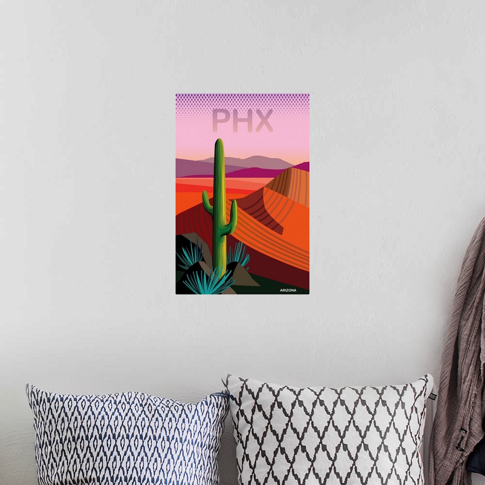 A bohemian room featuring Contemporary poster, simple graphic expression of desert landscape in warm red, pink and purple w...