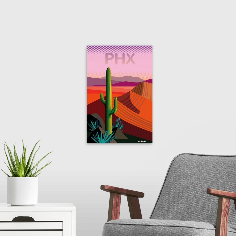 A modern room featuring Contemporary poster, simple graphic expression of desert landscape in warm red, pink and purple w...