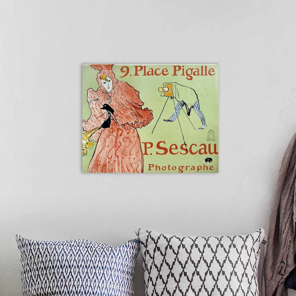 A bohemian room featuring Advertisement for the photographer P. Sescau, 9 Place Pigalle, Montmartre. Poster created by Henr...
