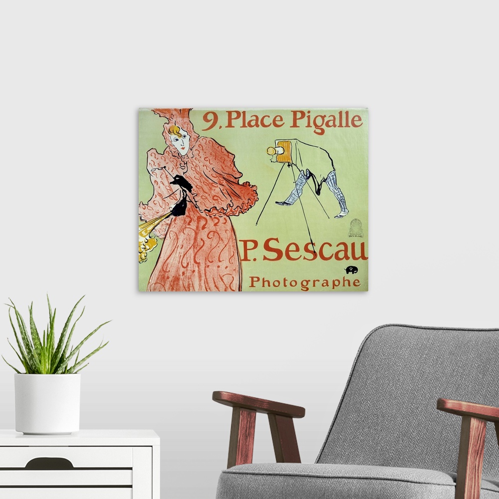 A modern room featuring Advertisement for the photographer P. Sescau, 9 Place Pigalle, Montmartre. Poster created by Henr...