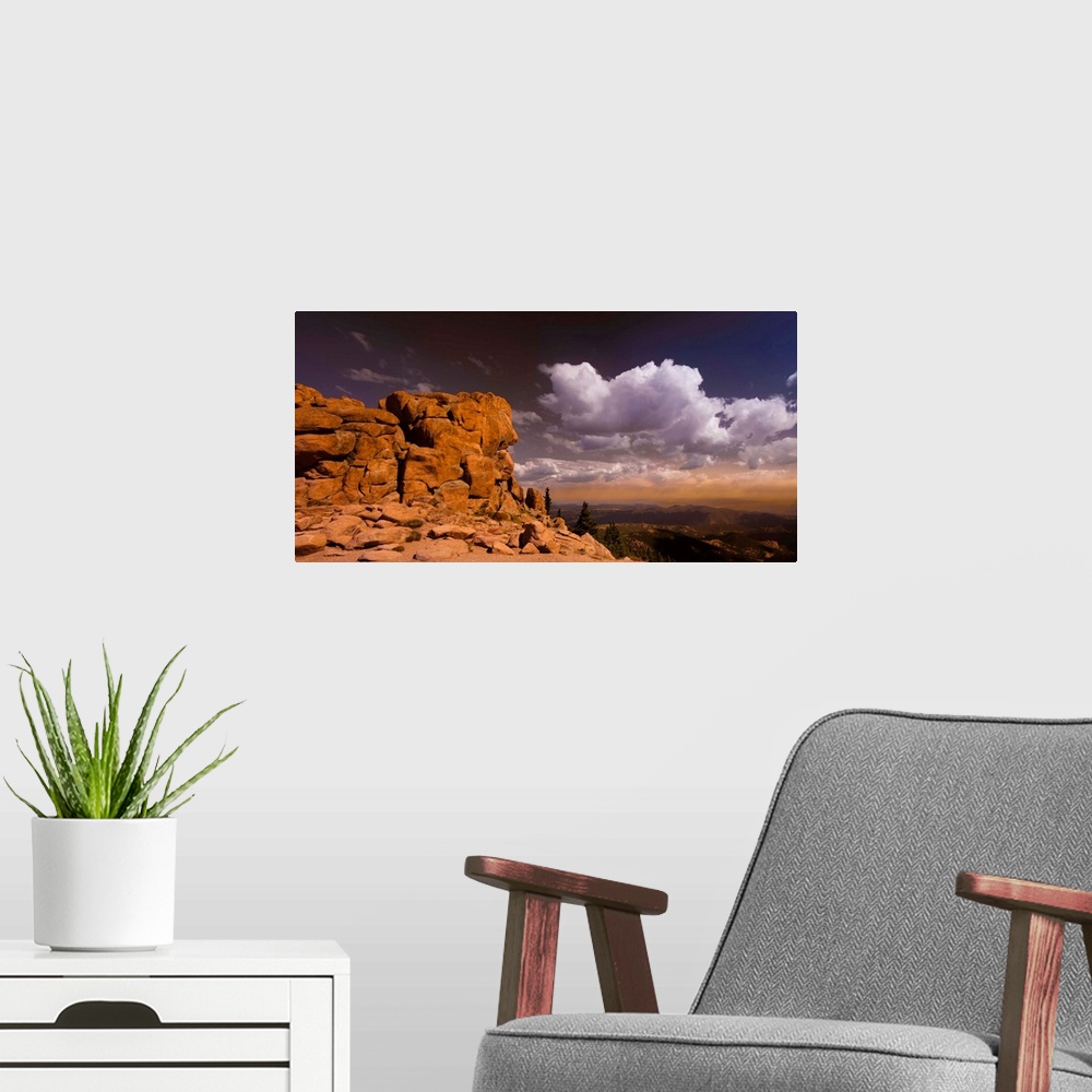 A modern room featuring Pikes Peak is mountain in Front Range of Rocky Mountains.
