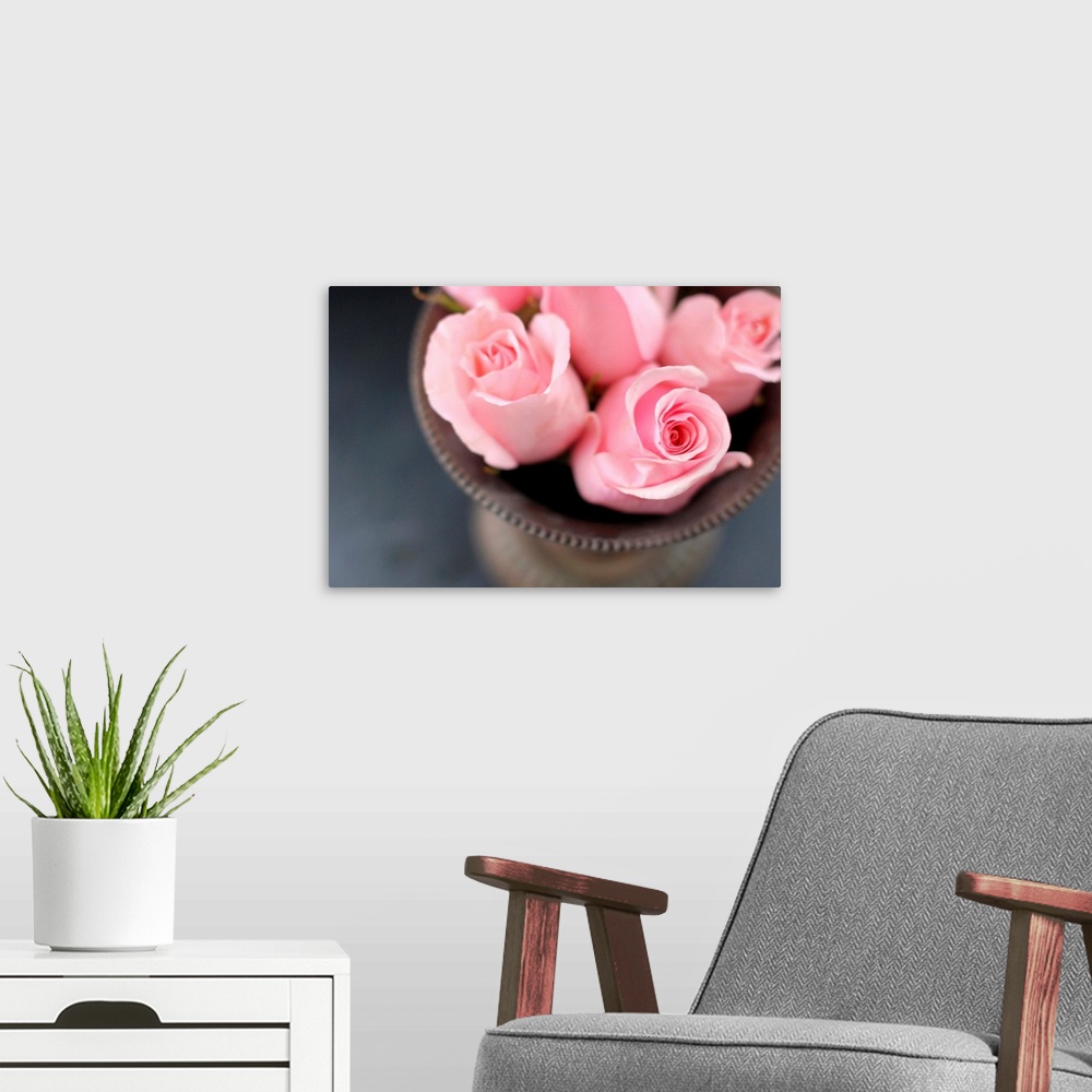 A modern room featuring Pink roses in vase from above.