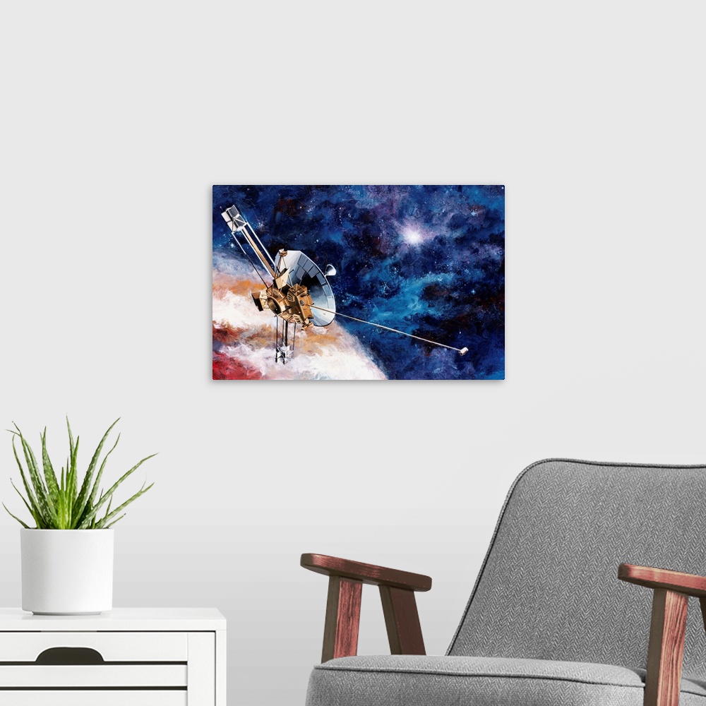 A modern room featuring Mountain View, Ca.: Artist rendering of Pioneer 10, an American Spaceprobe launched 10 years ago,...