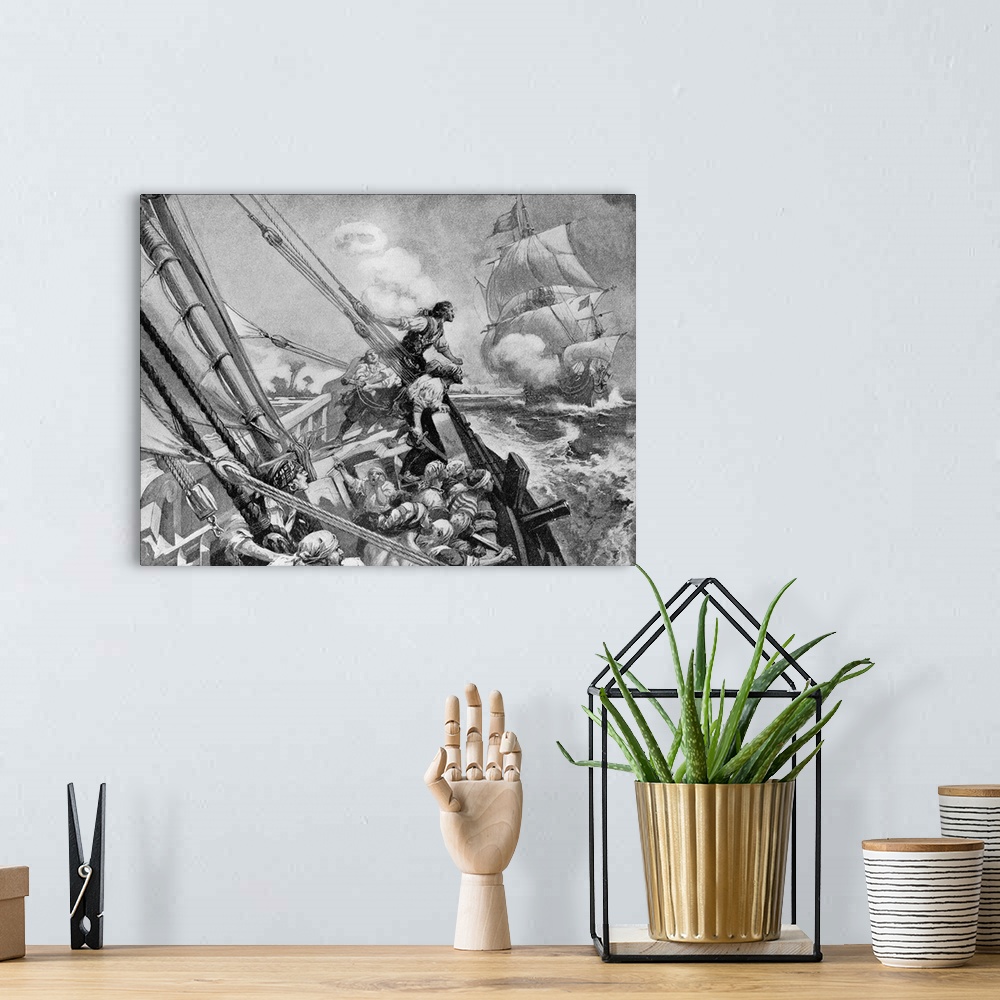 A bohemian room featuring Pirate Ship in Pursuit of Merchant Vessel with Booty