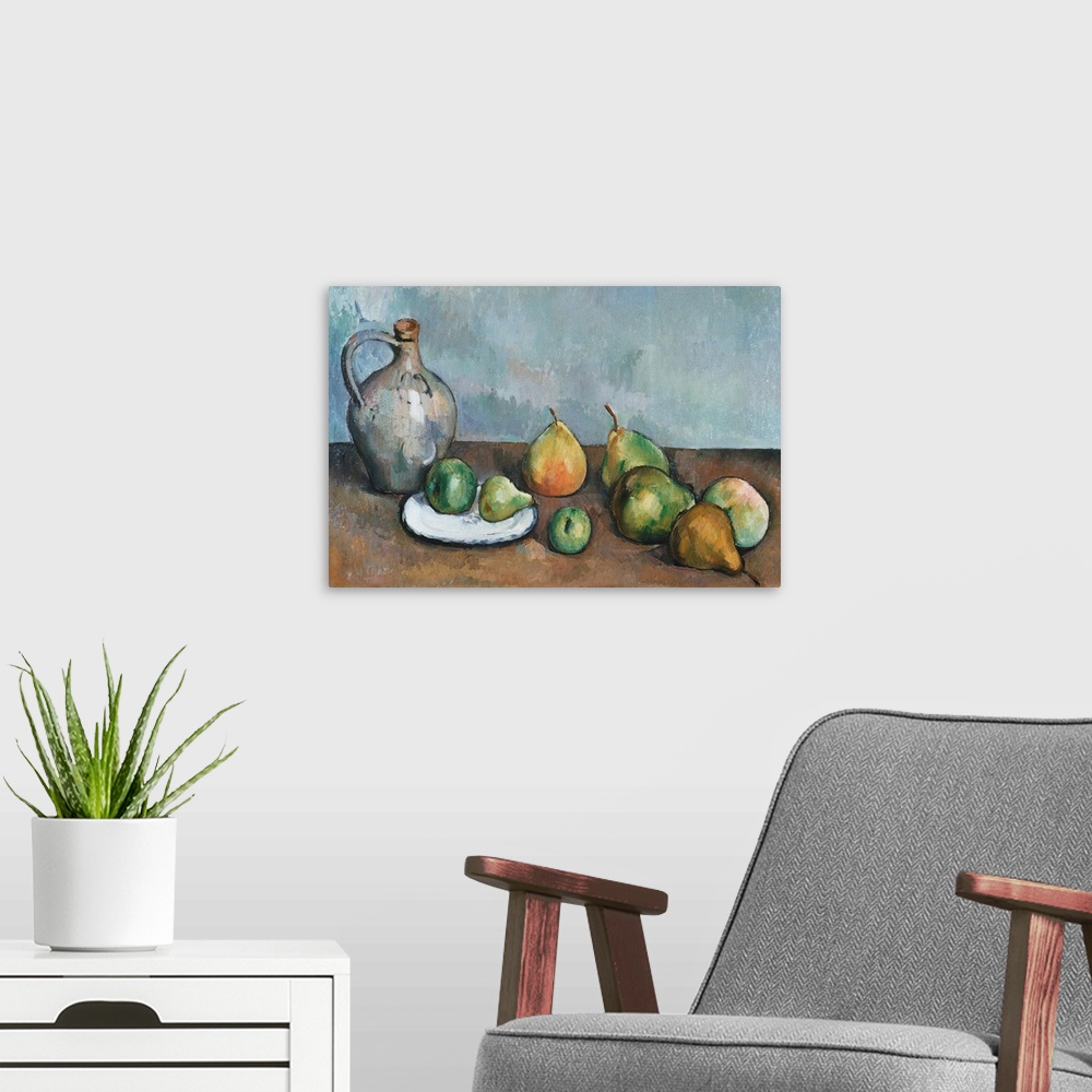 A modern room featuring Pitcher And Fruit By Paul Cezanne