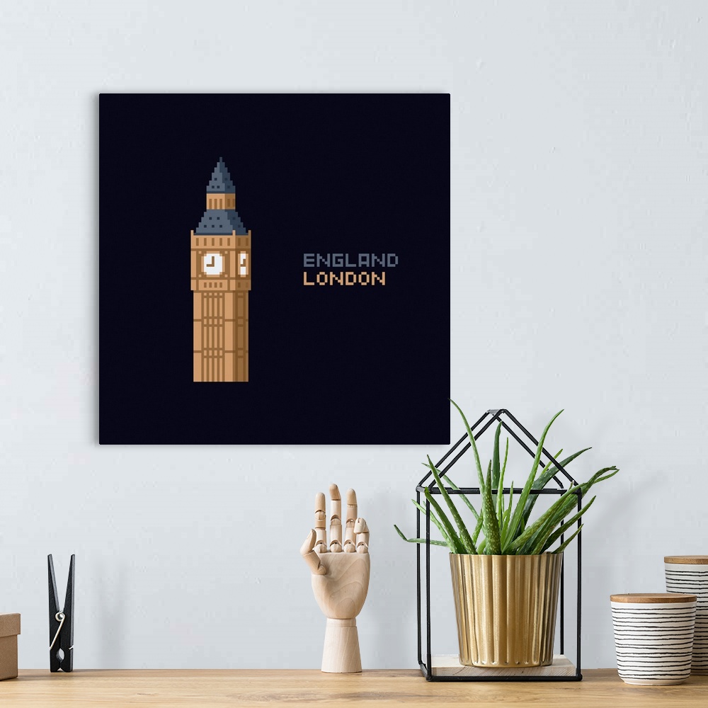 A bohemian room featuring Pixel Art Of Big Ben Tower, London, England