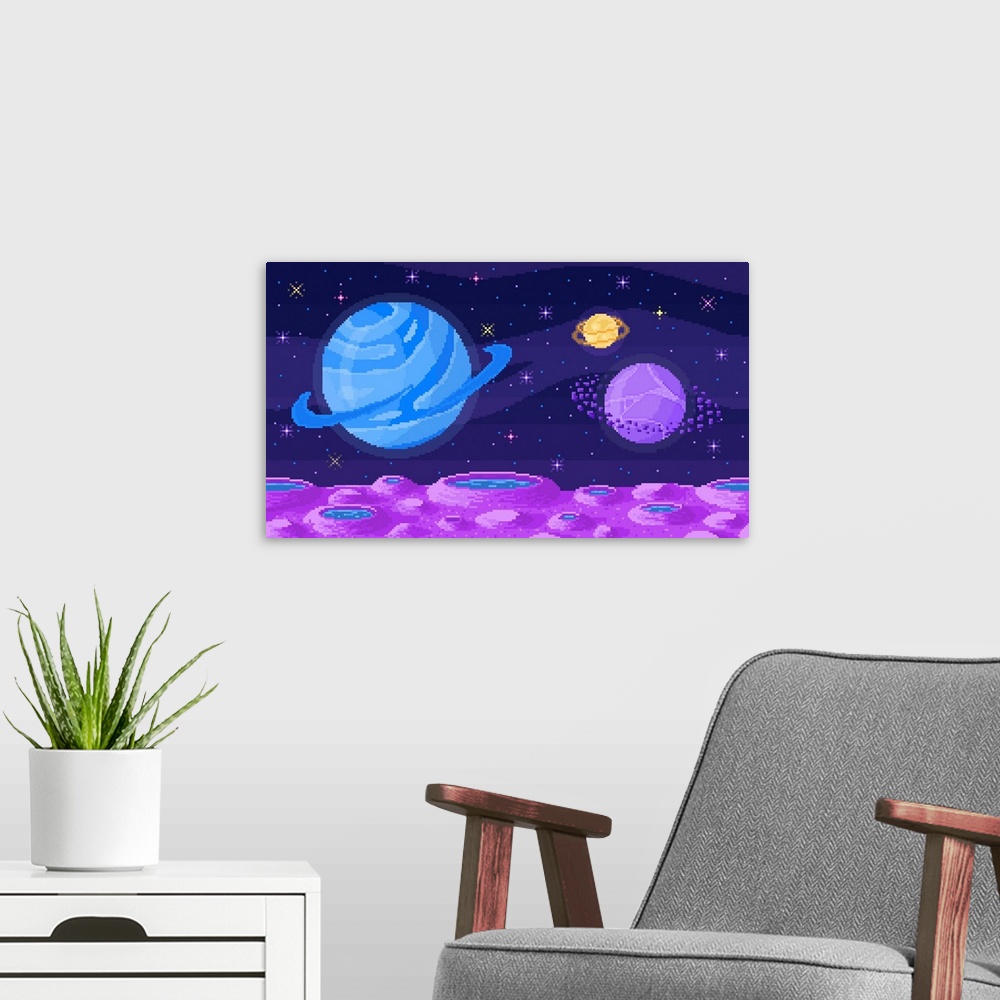 A modern room featuring Pixel Crater Landscape With Planets
