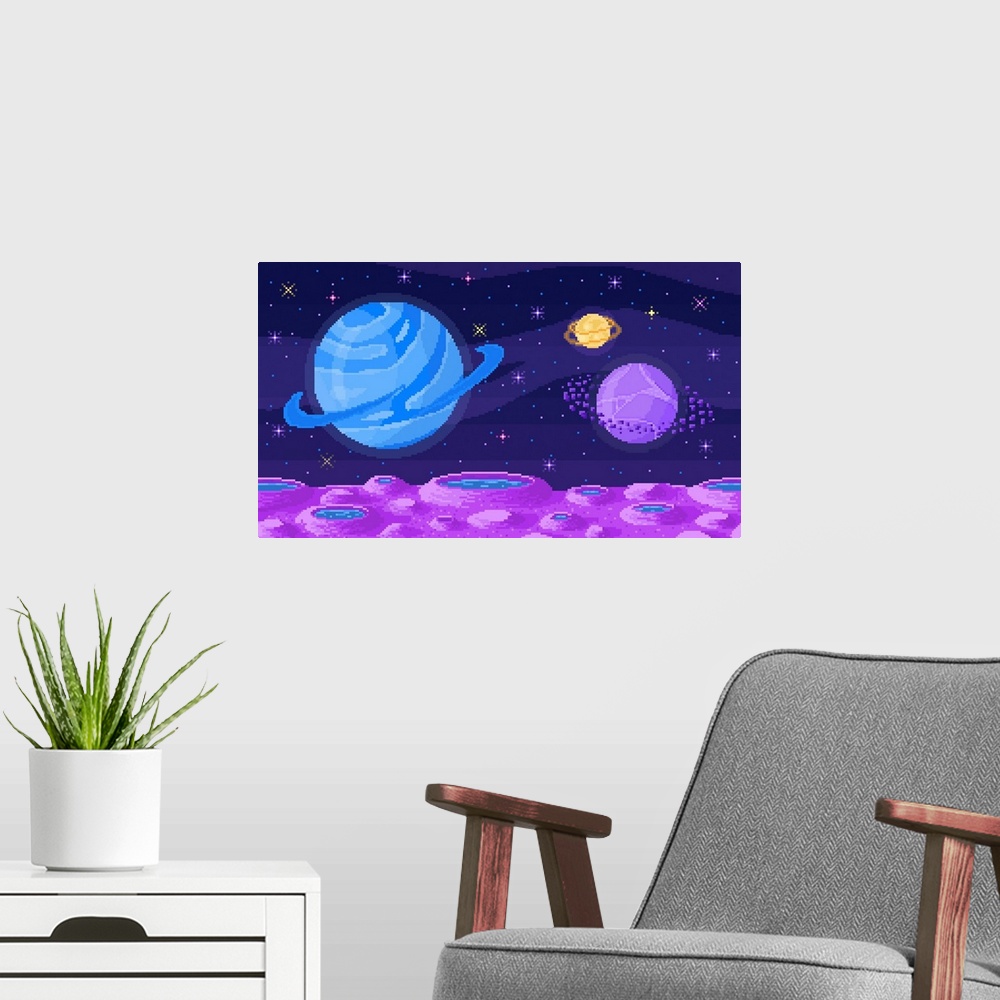 A modern room featuring Pixel Crater Landscape With Planets