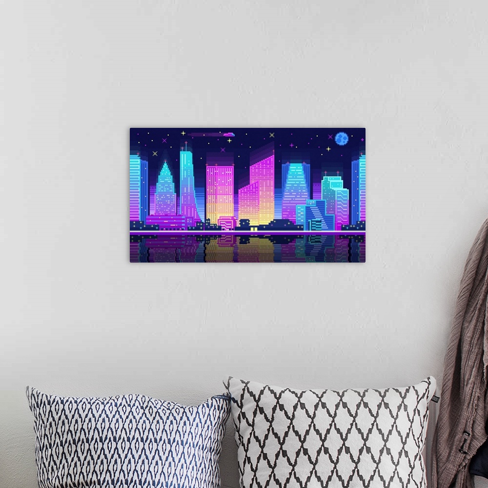 A bohemian room featuring Pixelated Neon City Landscape At Night