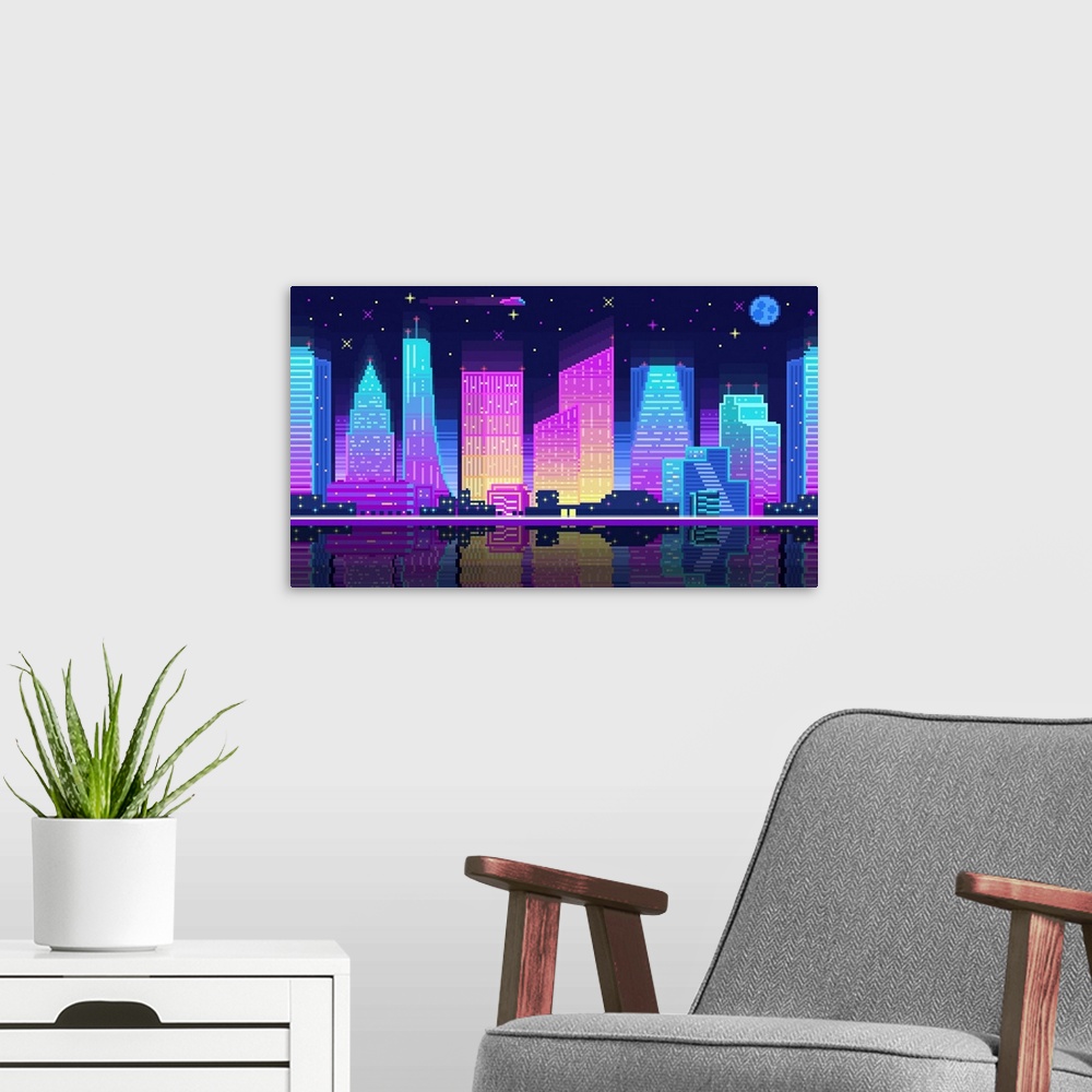 A modern room featuring Pixelated Neon City Landscape At Night