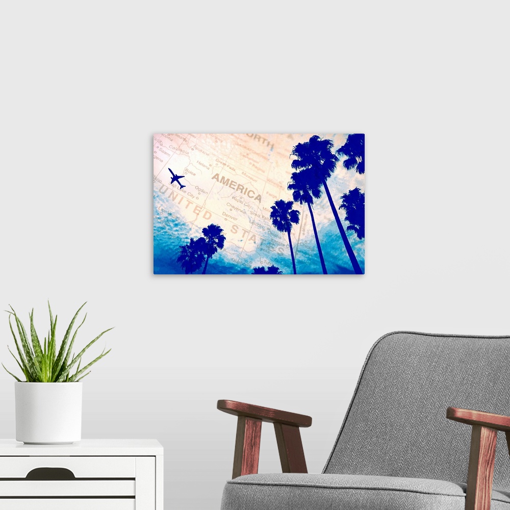 A modern room featuring Plane in sky with map