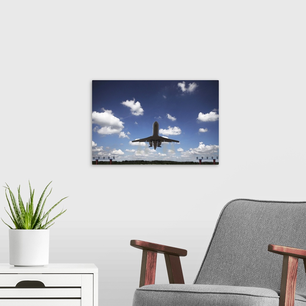 A modern room featuring Plane taking off