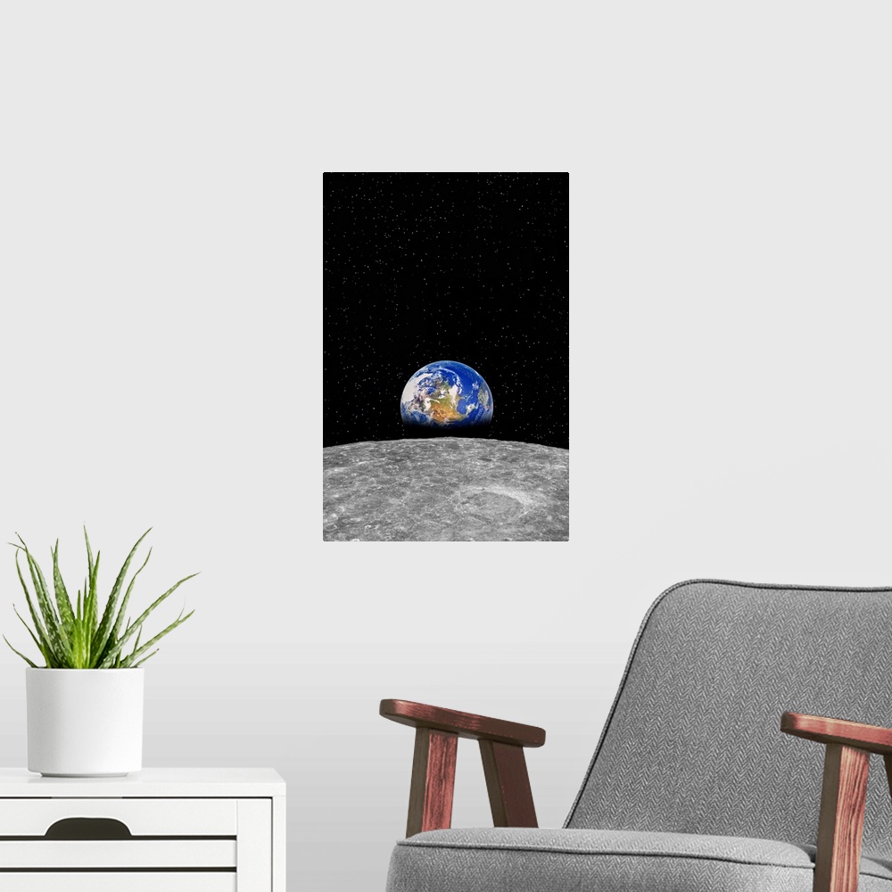 A modern room featuring Planet earth rising over Moon