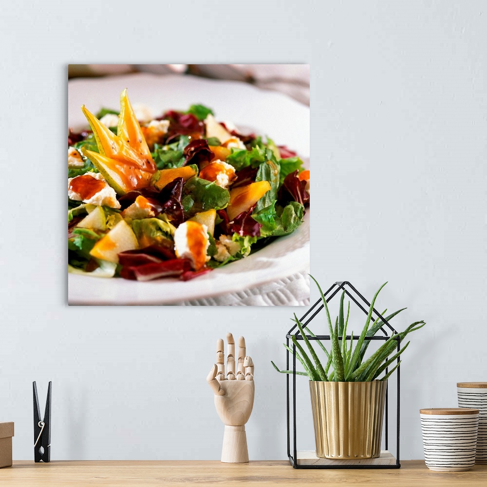 A bohemian room featuring Plate of salad and vegetables, close-up, part of