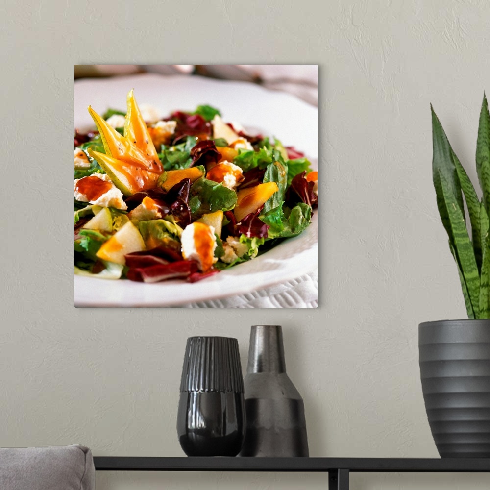 A modern room featuring Plate of salad and vegetables, close-up, part of