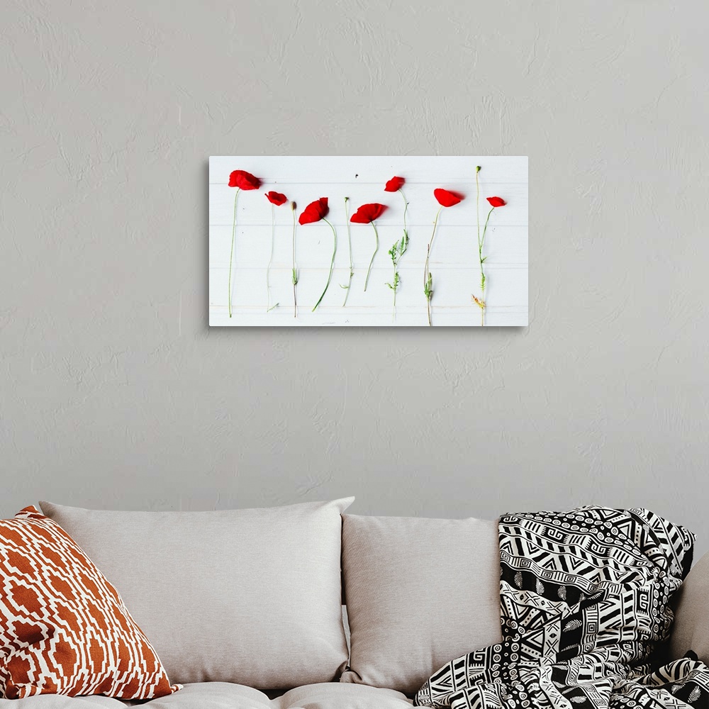 A bohemian room featuring Poppies resting on white table.