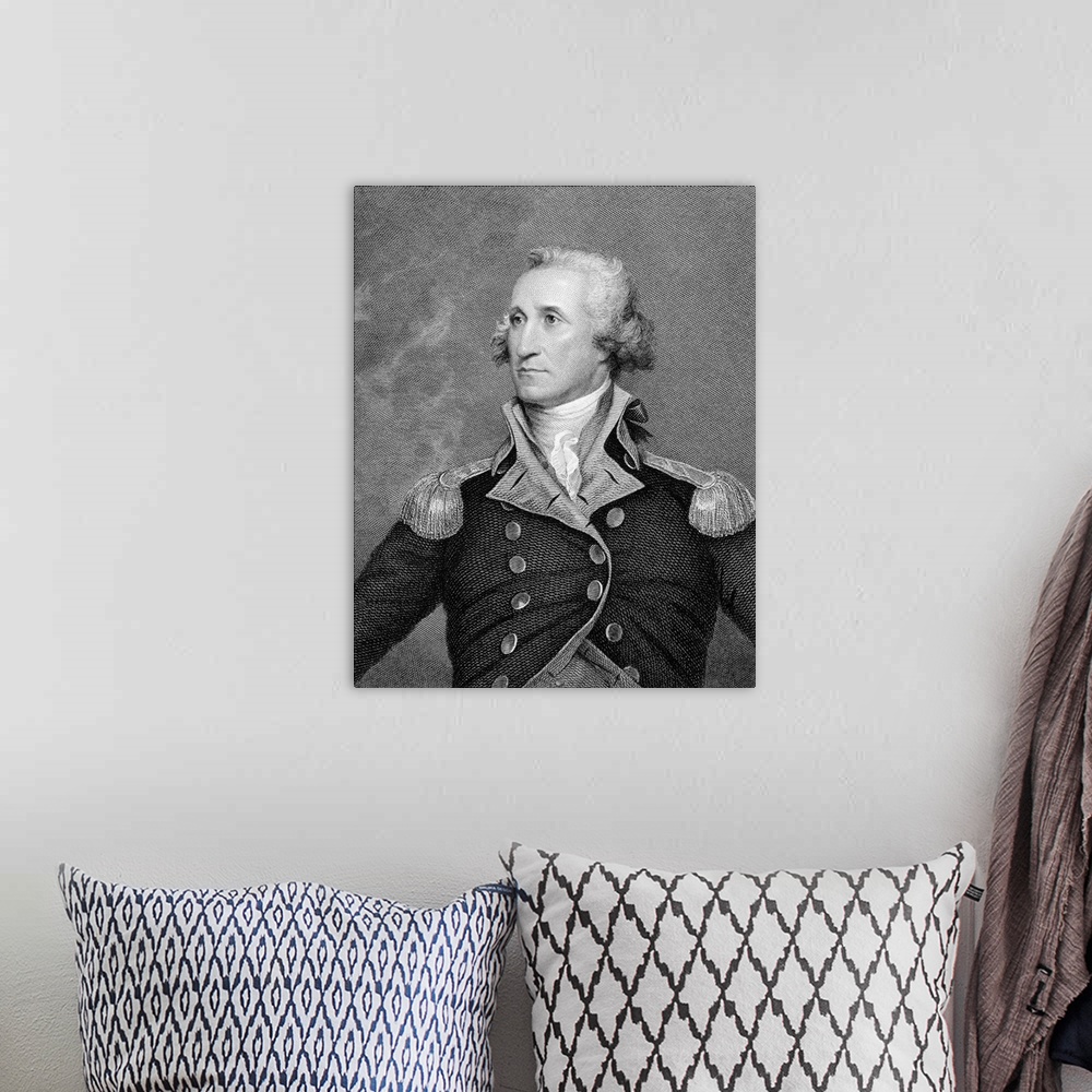 A bohemian room featuring Portrait Engraving Of George Washington After Painting By John Trumbull