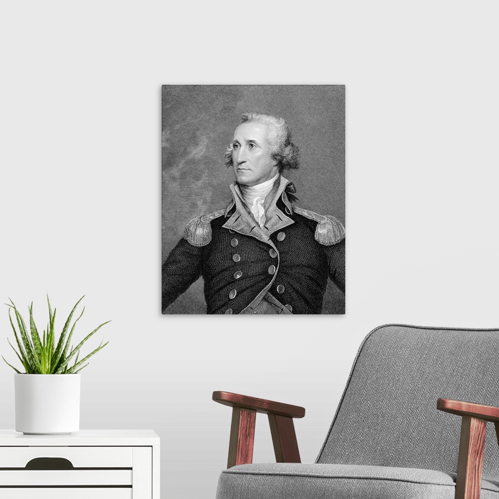 A modern room featuring Portrait Engraving Of George Washington After Painting By John Trumbull