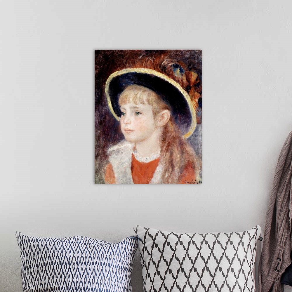 A bohemian room featuring Portrait of a Young Girl in a Blue Hat (portrait of Jeanne (Jane) Henriot), Painting by Auguste R...