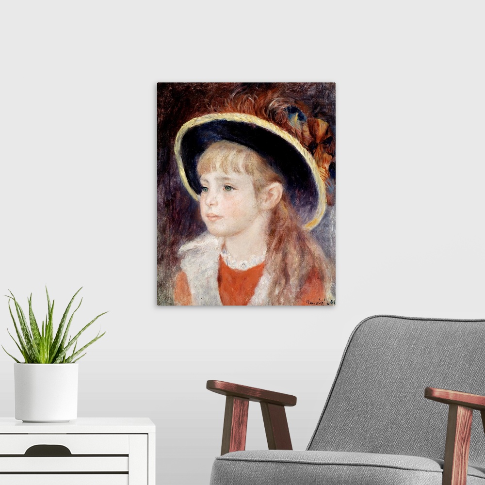 A modern room featuring Portrait of a Young Girl in a Blue Hat (portrait of Jeanne (Jane) Henriot), Painting by Auguste R...