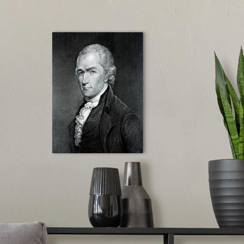 A modern room featuring Alexander Hamilton, portrait. 1755-1804. Undated engraving.