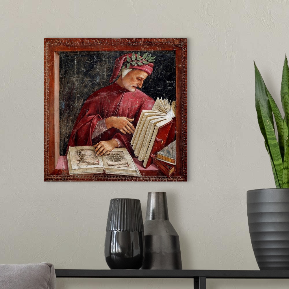 A modern room featuring Portrait of Dante Alighieri (1265 - 1321), Fresco by Luca Signorelli (1441 or 1450-1523), 1499-15...