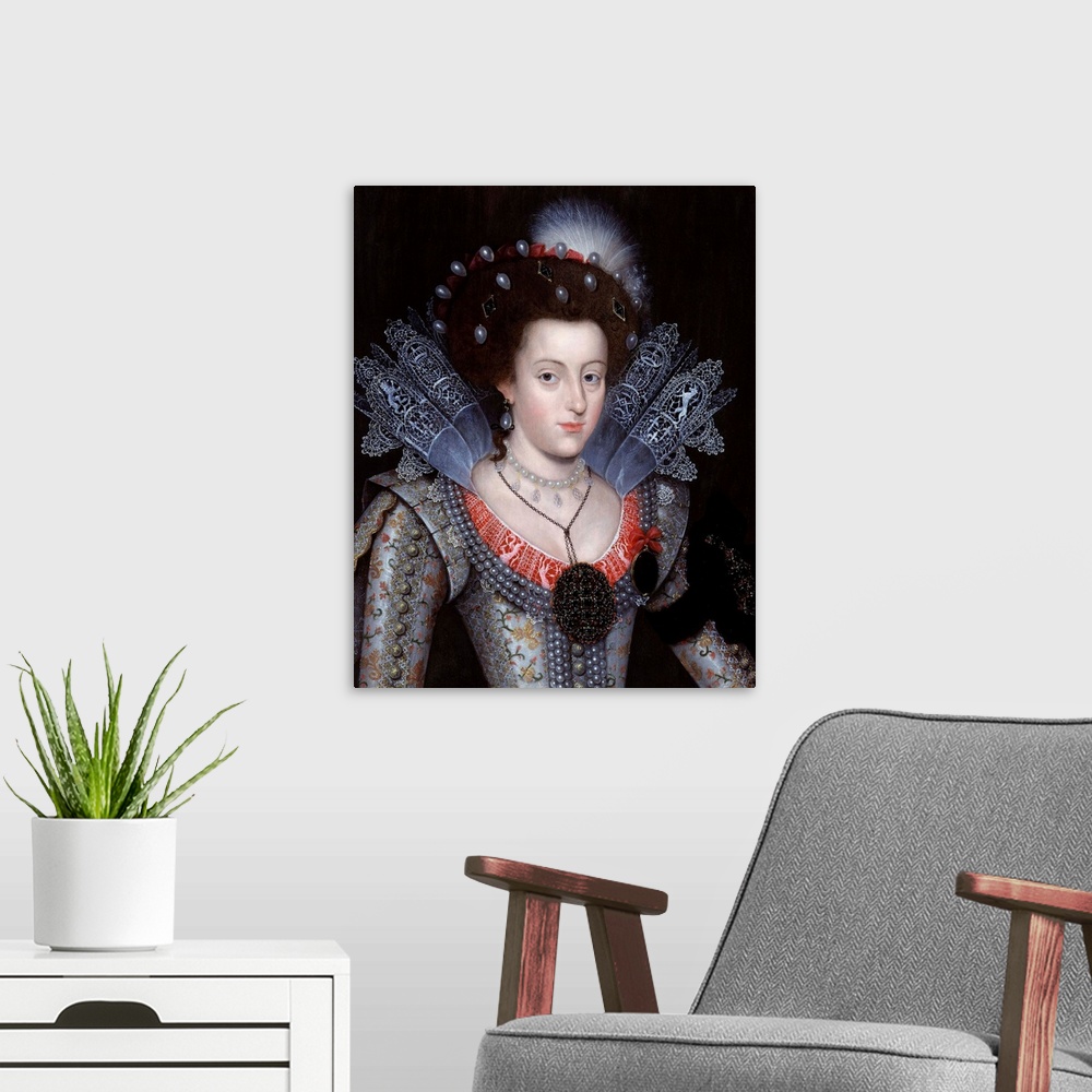 A modern room featuring Portrait of Elizabeth Stuart, Queen of Bohemia (called the Winter Queen) by an unknown artist, 16...