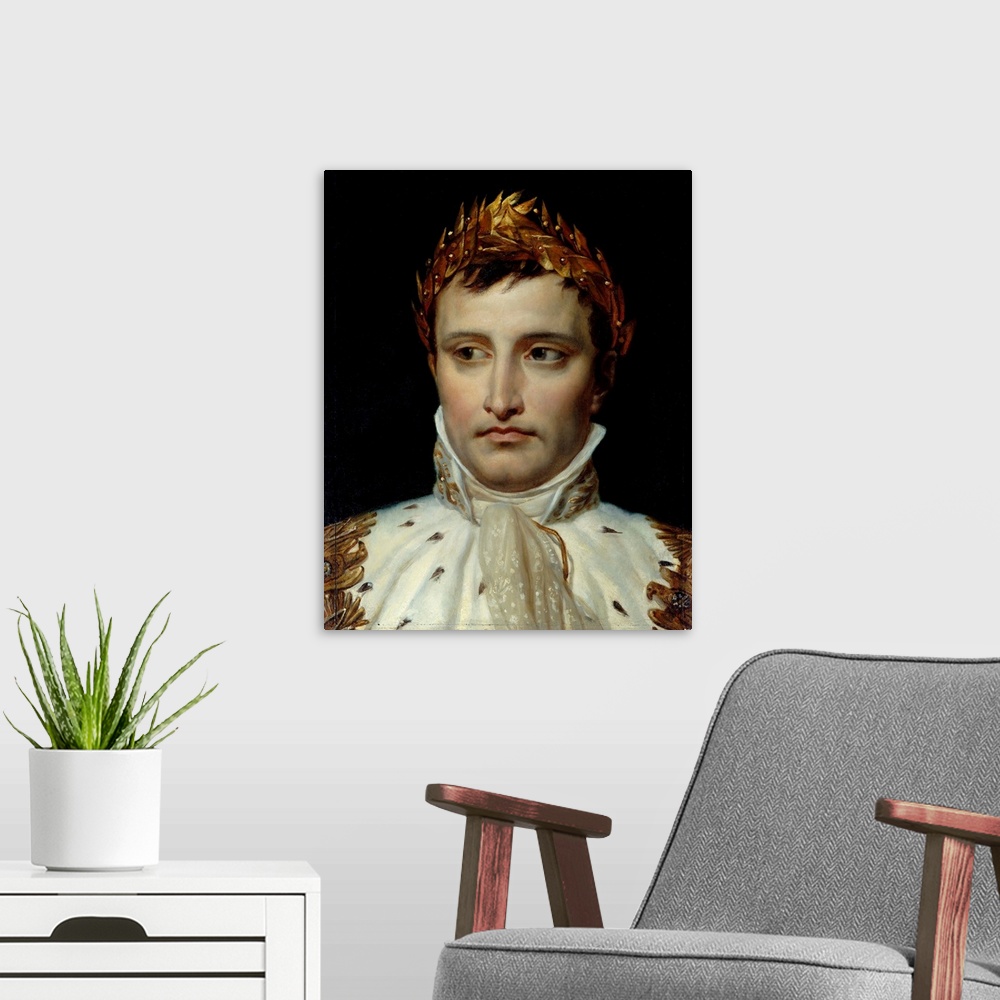 A modern room featuring Portrait of the emperor Napoleon I Bonaparte (1769-1821). Painting by Jacques Louis David (1748-1...