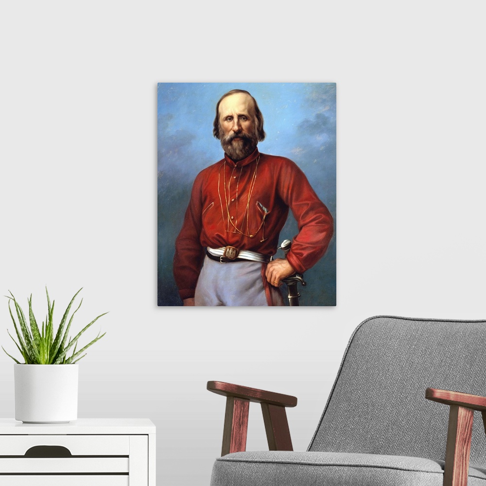 A modern room featuring Portrait of Giuseppe Garibaldi, Italian patriot and soldier of the Risorgimento - Anonymous paint...