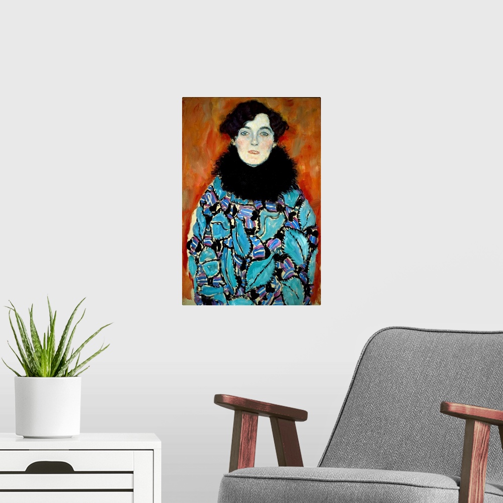 A modern room featuring Portrait of Johanna Staude, 1917-1918, Gustav Klimt (1862-1918), 70x50 cm - Oesterreichische Gale...