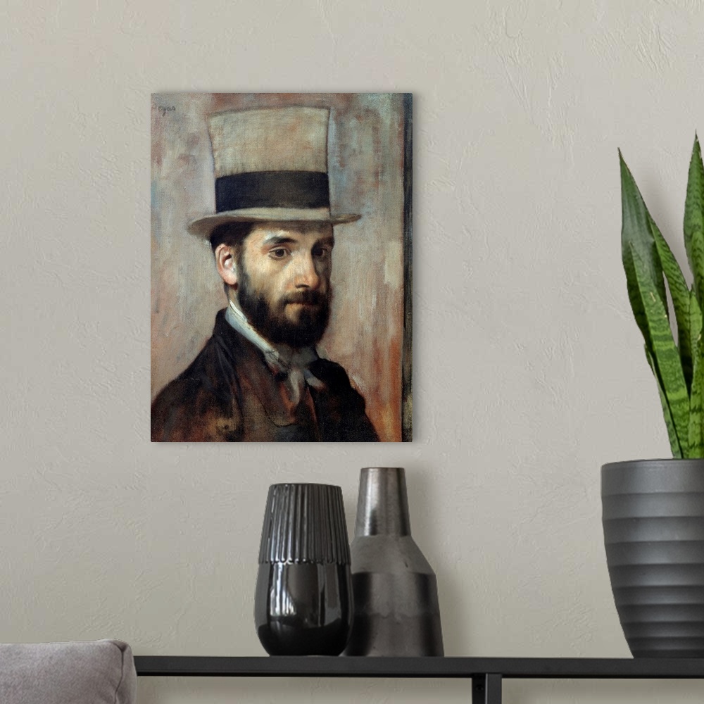 A modern room featuring Portrait of Leon Joseph Florentin Bonnat (1833-1922). The artist wears a top hat. Painting by Edg...