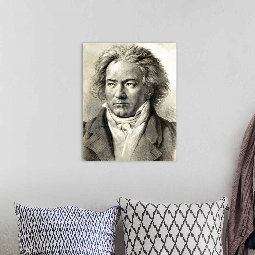 A bohemian room featuring German composer Ludwig Van Beethoven (1770-1827) is shown in an illustrated portrait.
