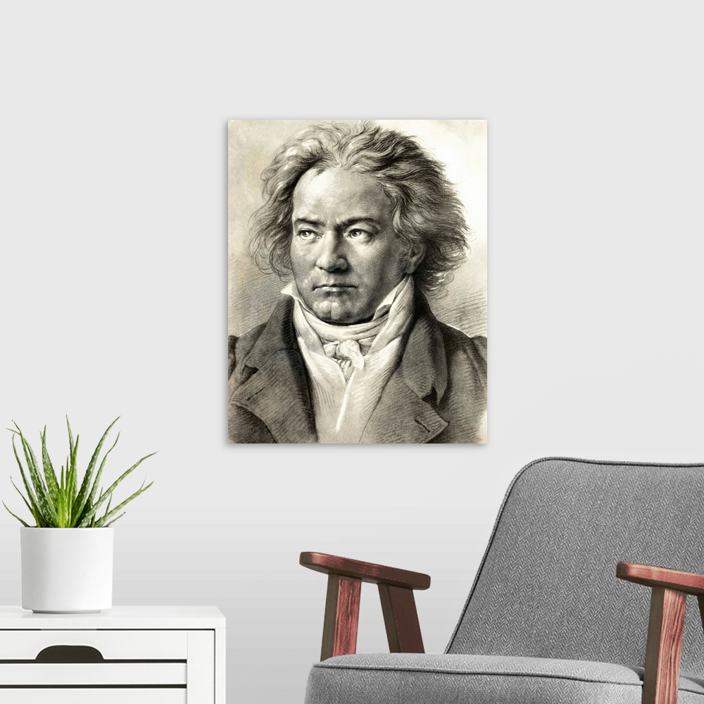 A modern room featuring German composer Ludwig Van Beethoven (1770-1827) is shown in an illustrated portrait.