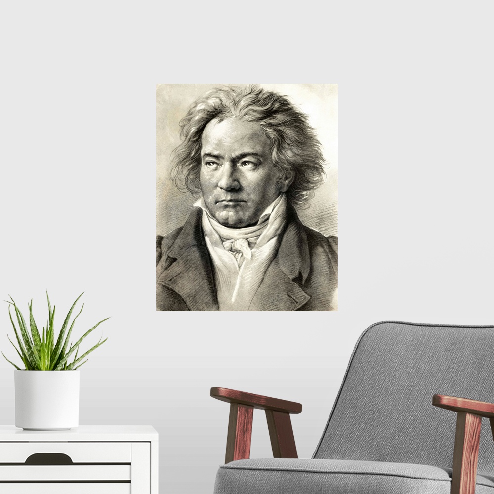 A modern room featuring German composer Ludwig Van Beethoven (1770-1827) is shown in an illustrated portrait.