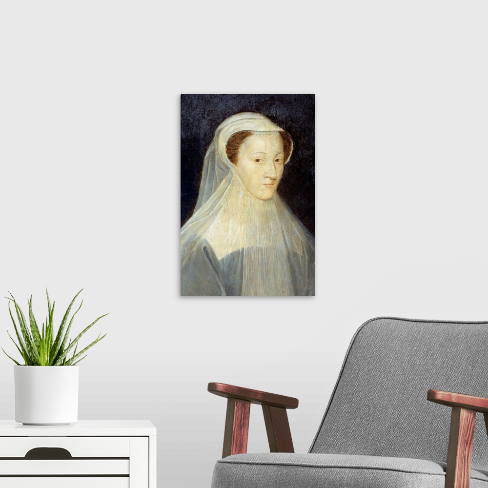 A modern room featuring Portrait of Mary Stuart (1542-1587), Queen of France and later Queen of Scotland in mourning dres...