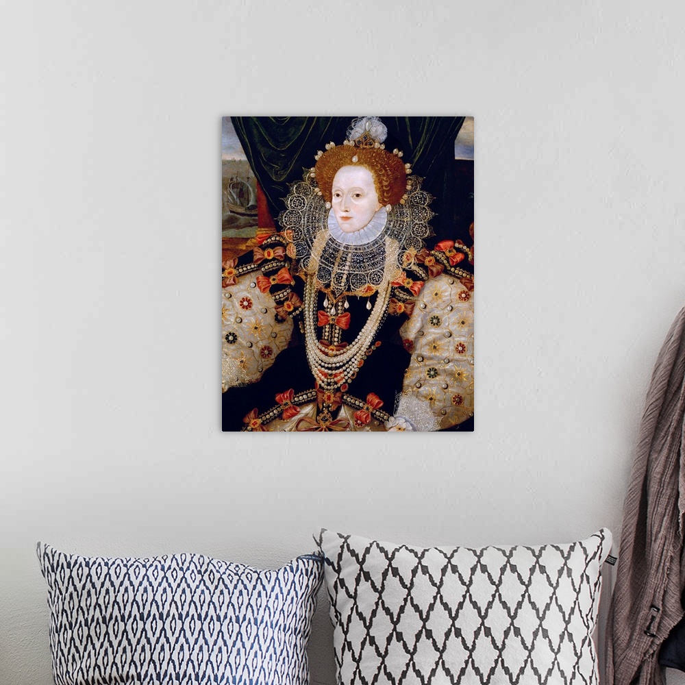 A bohemian room featuring Portrait of Queen Elizabeth I of England (the Armada Portrait), unknown artist, c. 1588, oil on p...