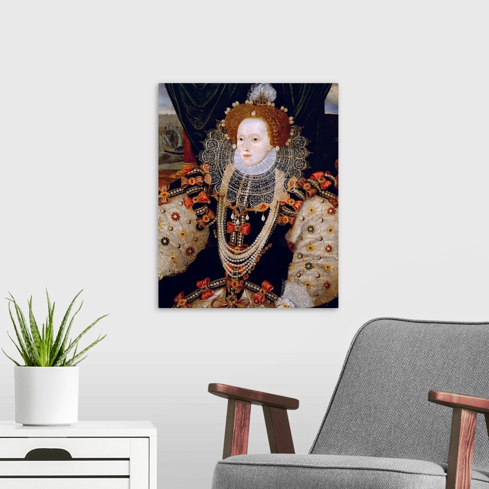 A modern room featuring Portrait of Queen Elizabeth I of England (the Armada Portrait), unknown artist, c. 1588, oil on p...