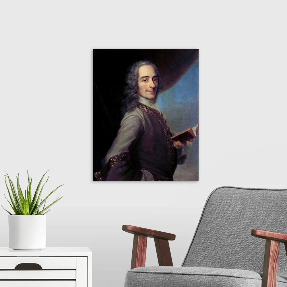 A modern room featuring Portrait of Francois Marie Arouet called Voltaire (1694-1778) holding a copy of The Henriade. Pai...