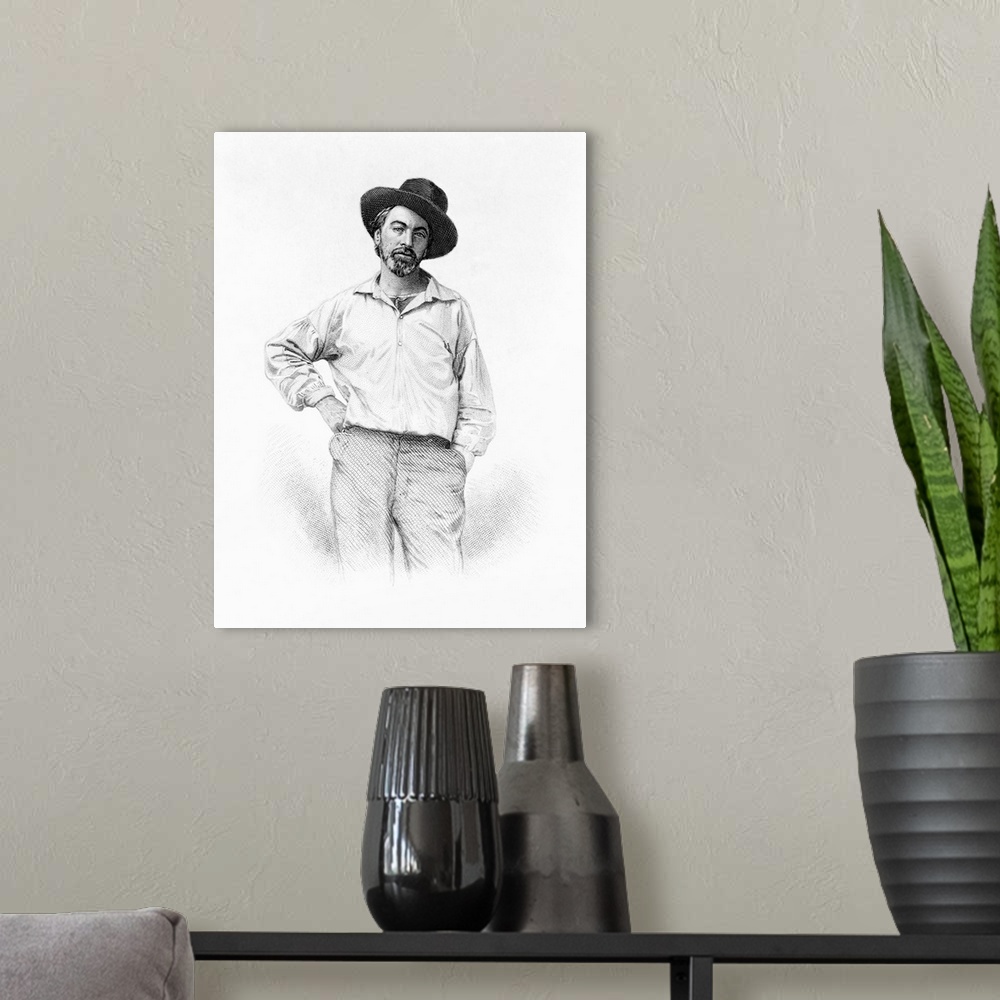 A modern room featuring A steel engraving of Walt Whitman in his 30s. This portrait appeared on the first edition of Leav...