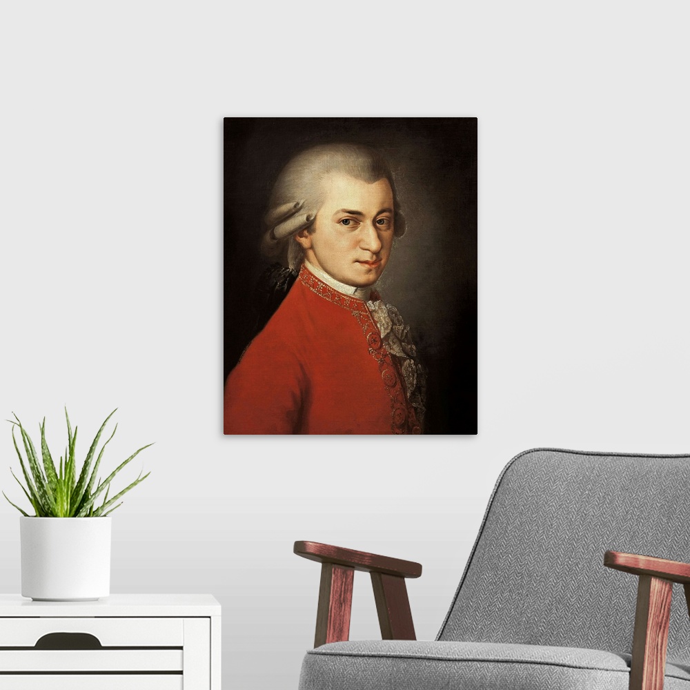 A modern room featuring Portrait of Wolfgang Amadeus Mozart (1756-1791) by Barbara Krafft,(1764-1825) 1819 - Gesellschaft...